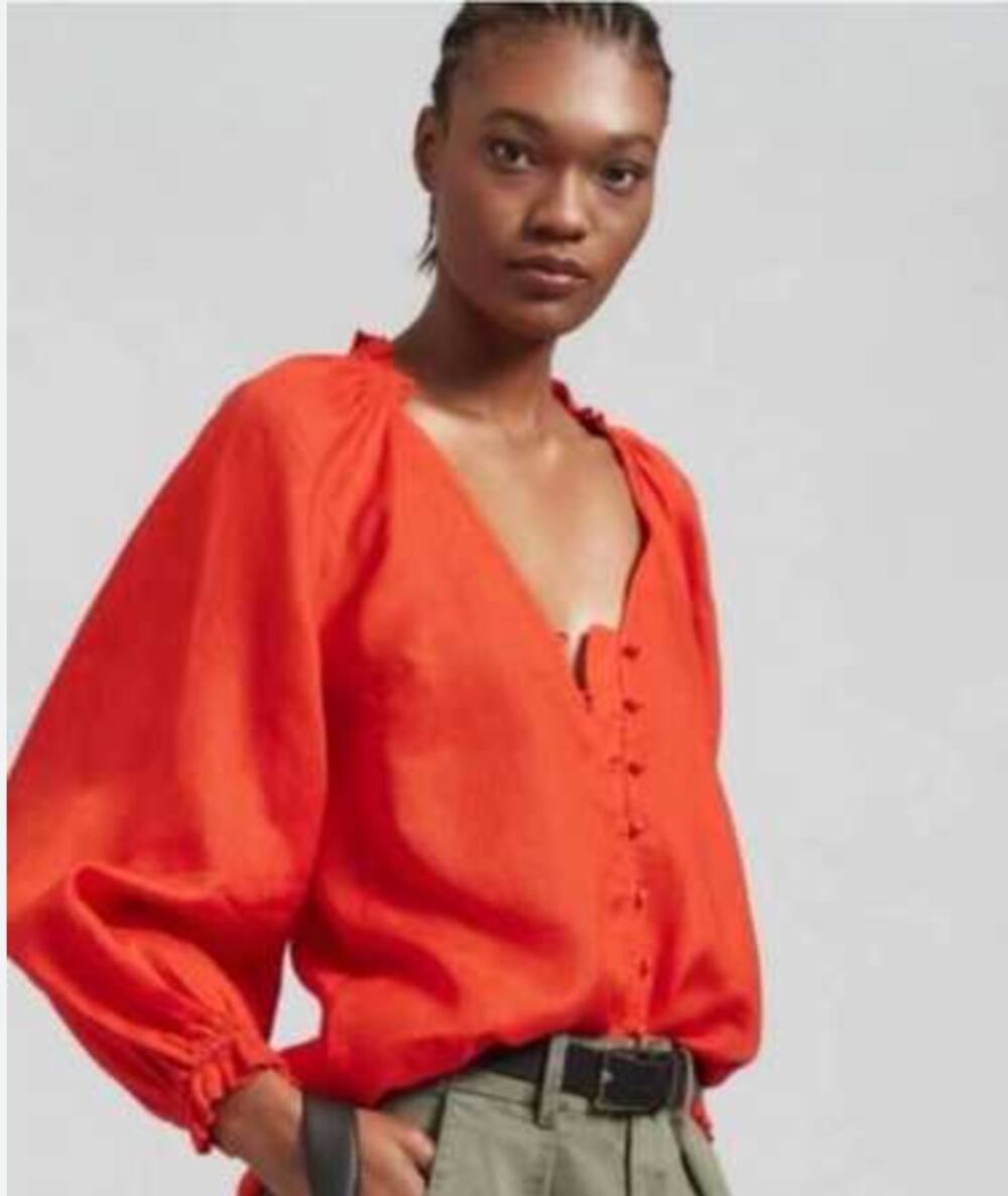 Anthropologie Maeve Audie Orange Linen Puff Sleeve Button Blouse Small